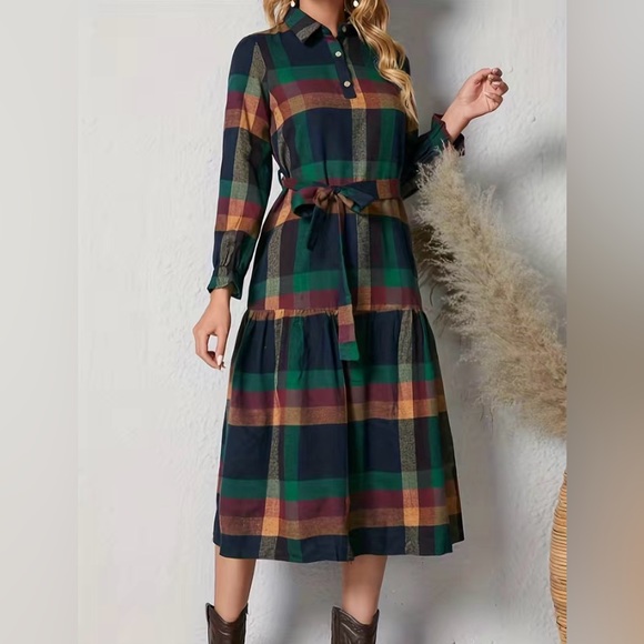 NWOT Midi length Fall Plaid Collared Dress, Button Down in Multiple Sizes - Picture 1 of 10